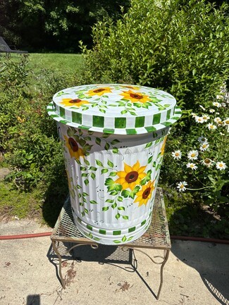 Trash Can with Hand Painted Sunflowers Cottagecore Floral Canister