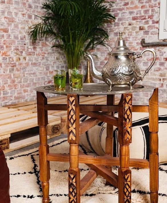 Tray Table Carved Wood Folding Mechanism Engraved Silver