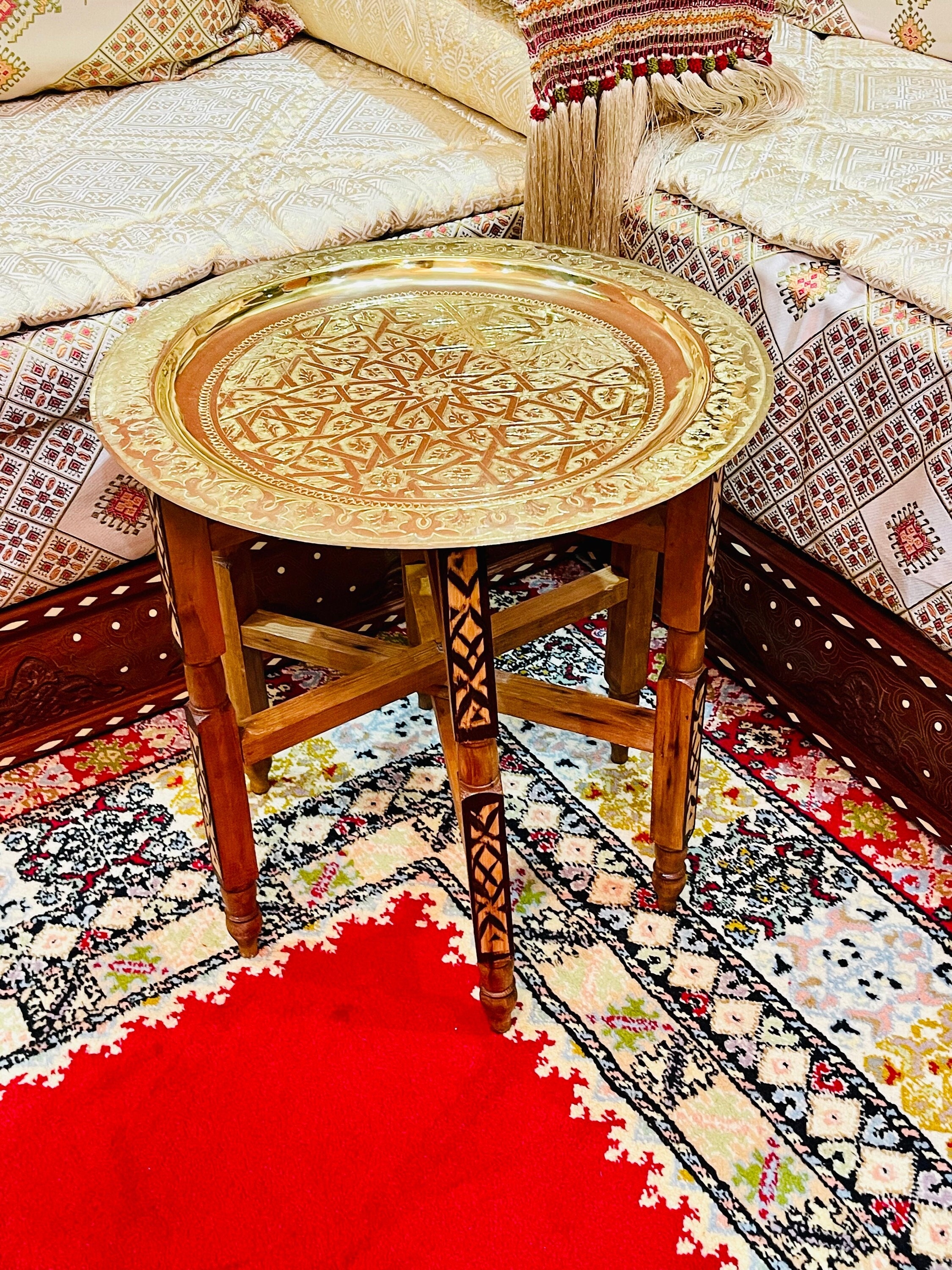 Tray Table Engraved Brass Star Motif Folding Wood Stand