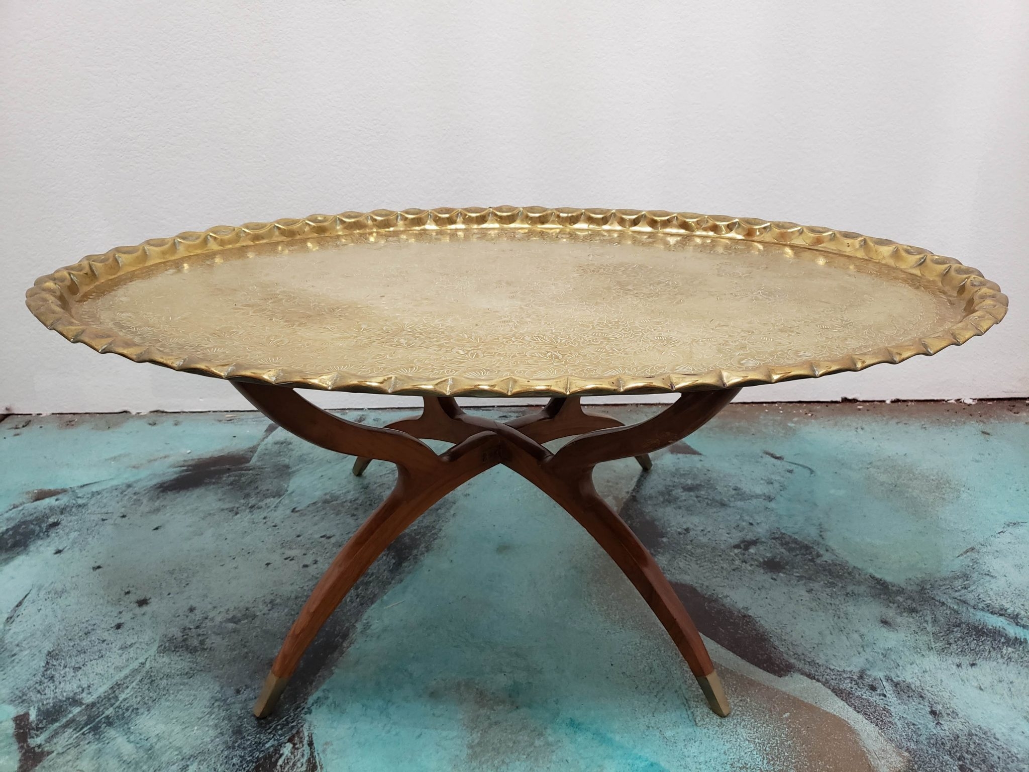 Tray Table Scalloped Rim Etched Brass Spider Leg Base