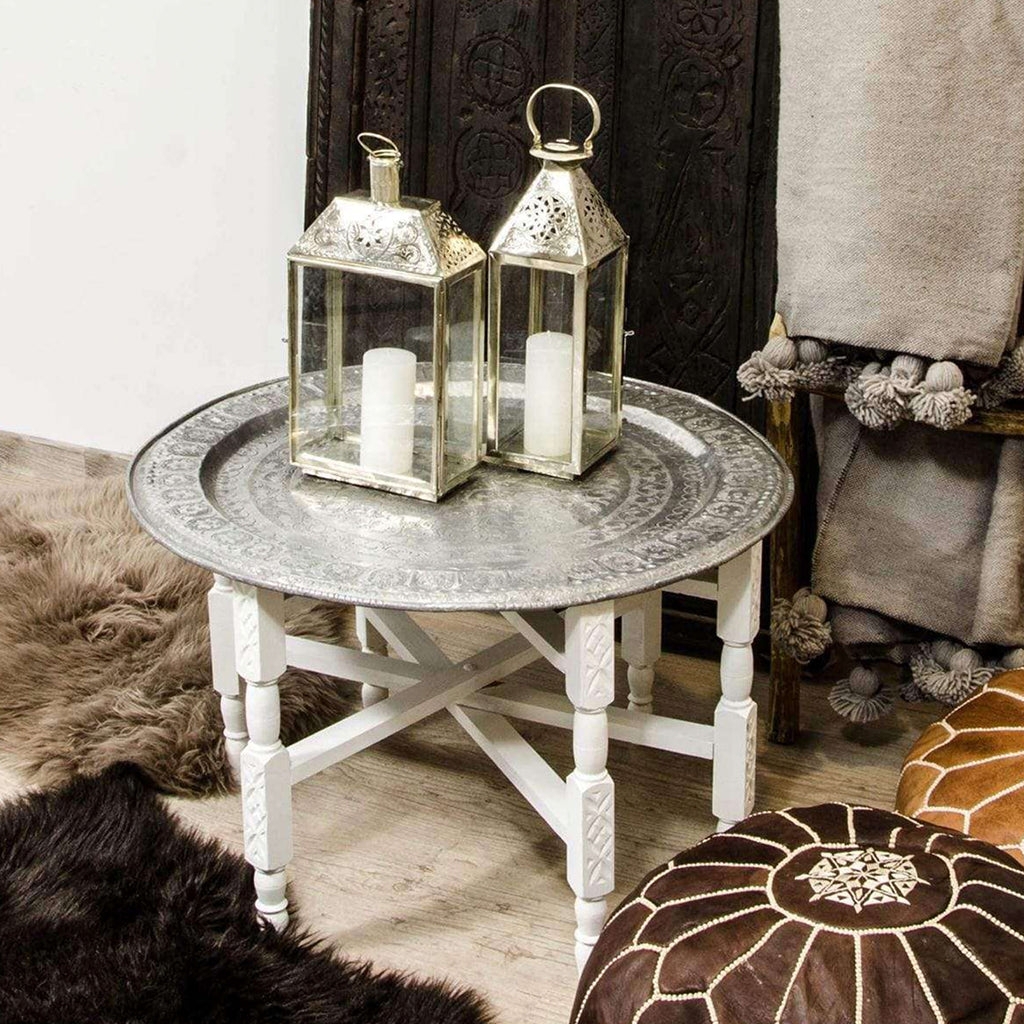 Tray Table Whitewashed Turned Wood Legs Engraved Metal