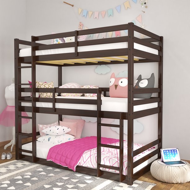 Triple Bunk Bed Espresso Wood Finish and Three Tier Sleeping