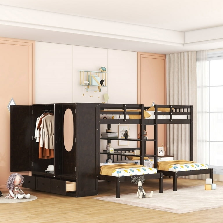 Triple Bunk Bed Integrated Wardrobe Espresso Wood.