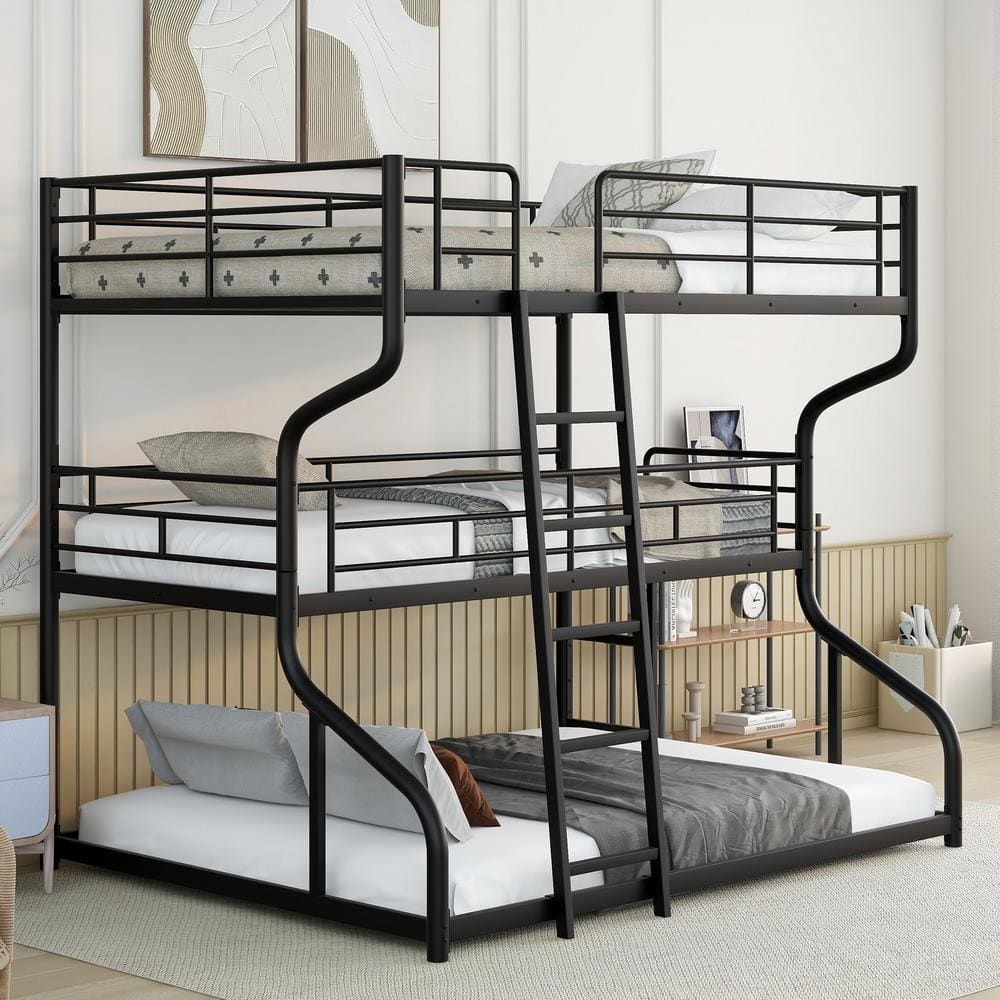 Triple Bunk Bed S-shaped Supports Matte Black Metal