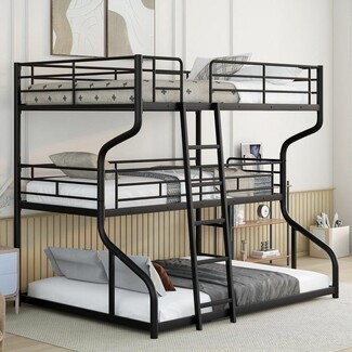 Triple Bunk Bed S-shaped Supports Matte Black Metal