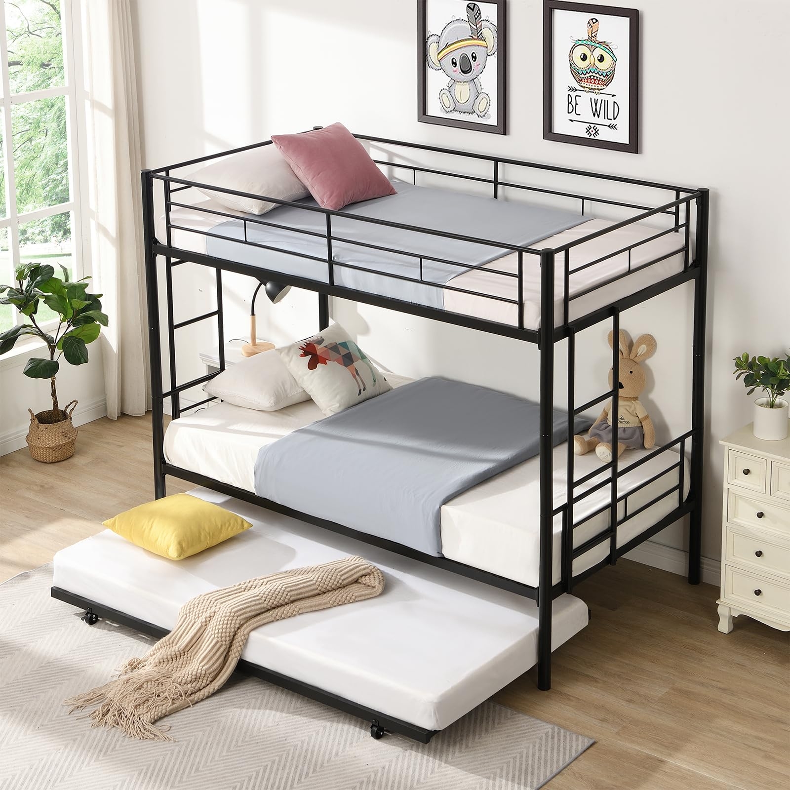 Triple Bunk Bed Triple Sleeping Levels Matte Black.