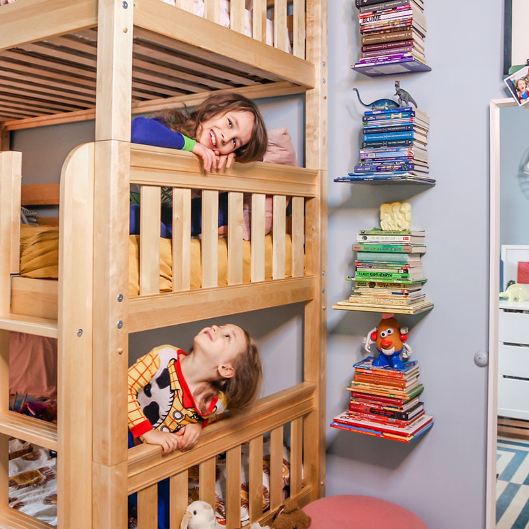 Triple Bunk Bed with Modular Stacking and Slatted Rails