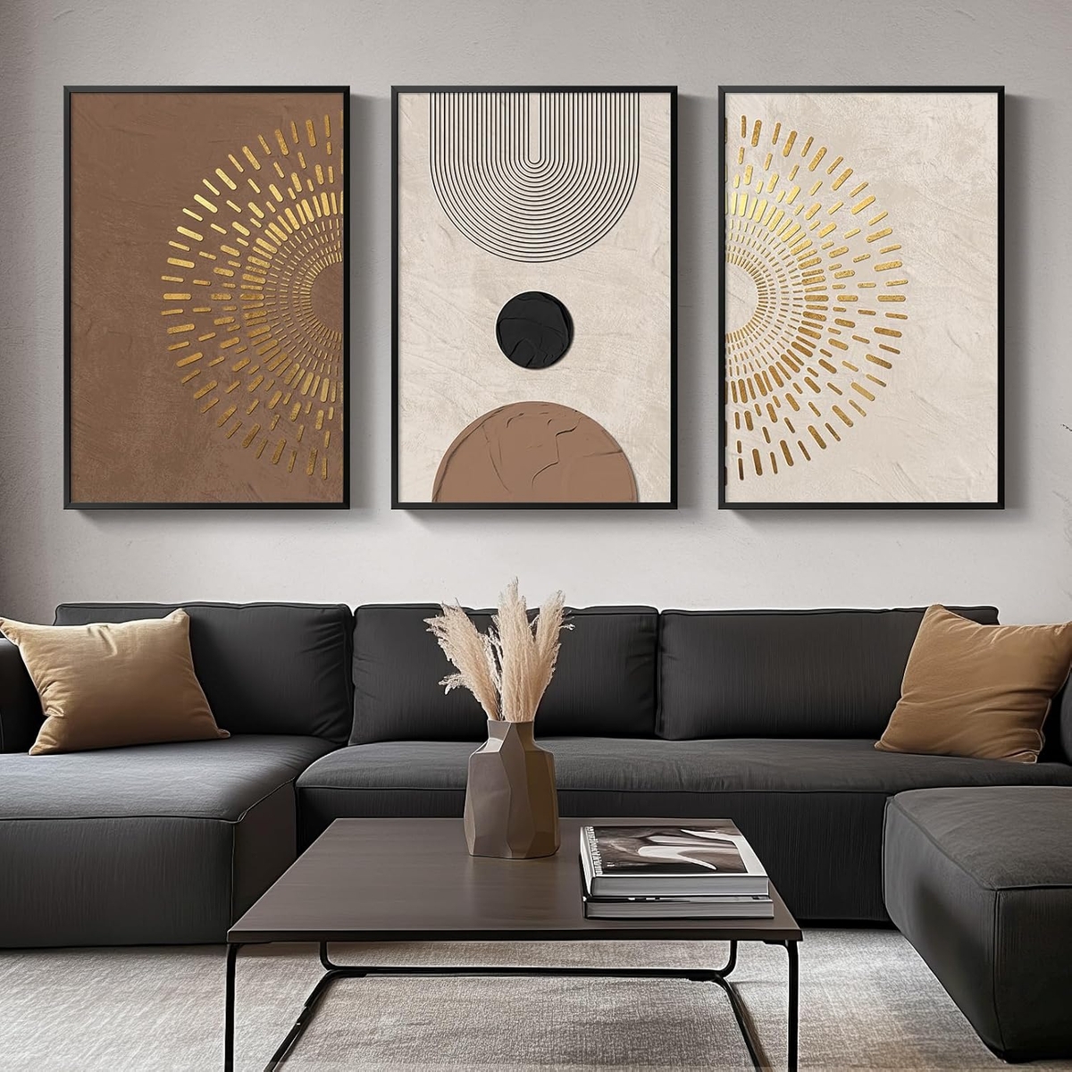Triptych Wall Art Golden Metallic Accents Boho Sunburst Decor