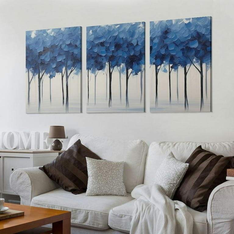 Triptych Wall Art Navy Blue Abstract Landscape Set