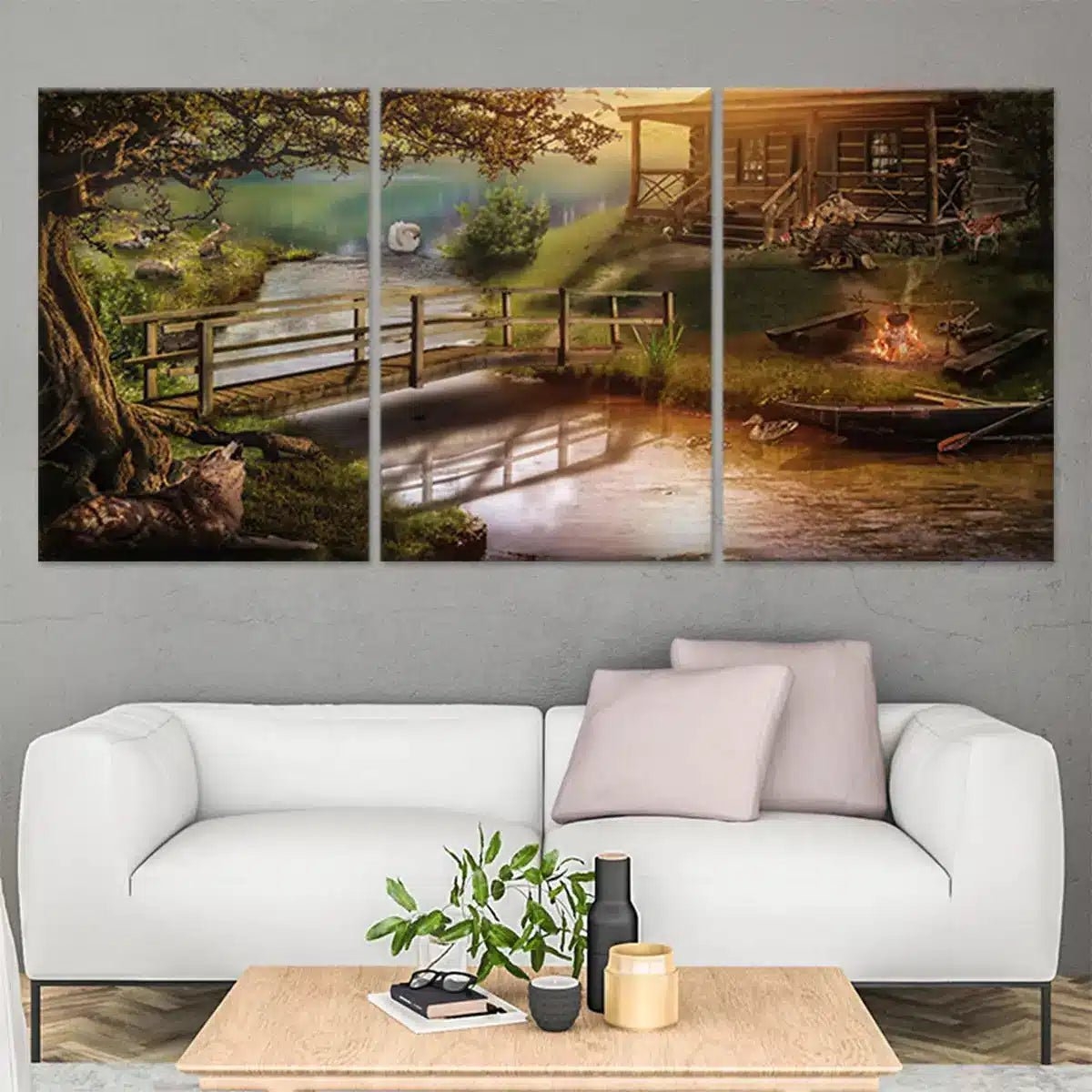 Triptych Wall Art: Rustic Landscape Cabin Wall Art