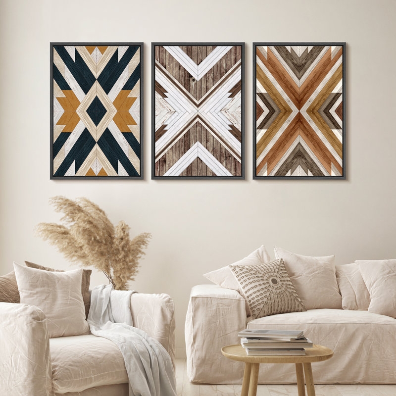 Triptych Wall Art: Wood Grain Print with Three Piece Geometric Set