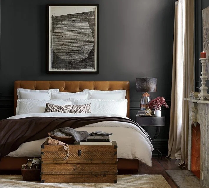 Tufted Bed: Cognac Brown Leather with Rustic Storage Trunk Bed