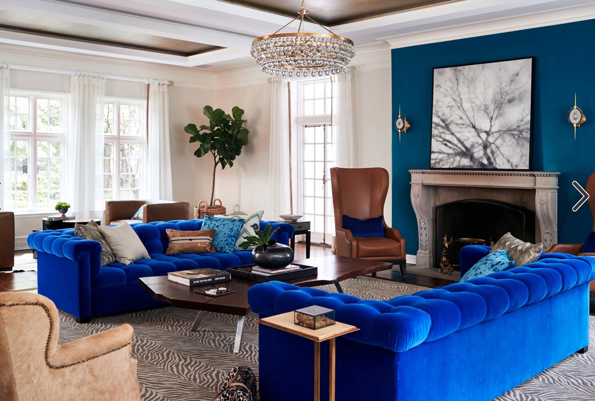 Tufted Sofa in Royal Blue Velvet and Zebra Pattern Rug