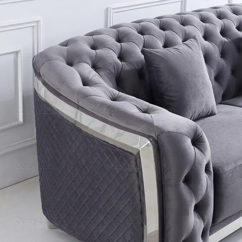 Tufted Sofa Quilted Side Panel and Silver Trim