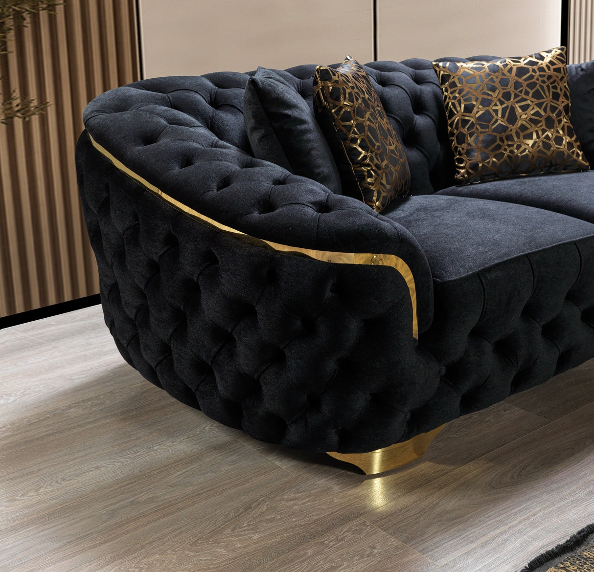 Tufted Sofa with Metallic Trim and All Over Velvet Tufting