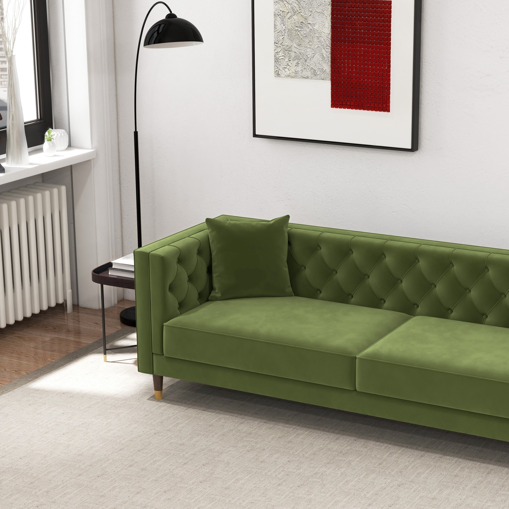 Tuxedo Sofa Olive Green Velvet Gold Capped Tapered Leg
