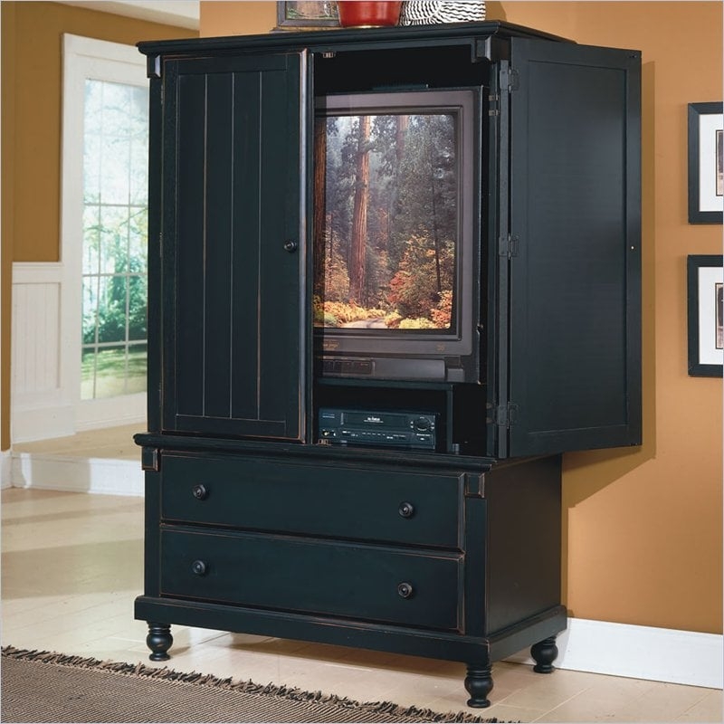 Tv Armoire Distressed Black Finish Wraparound Doors
