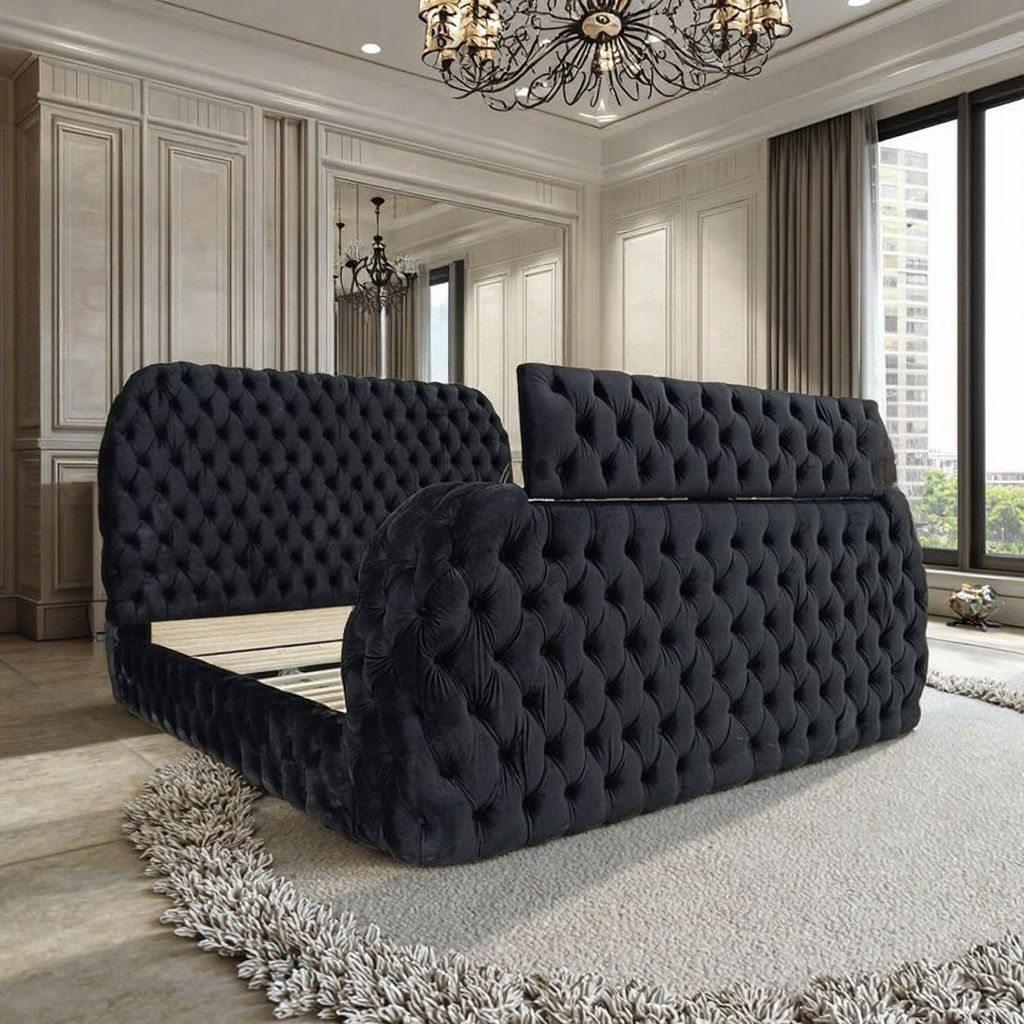 TV Bed Pop Up Footboard Velvet Upholstery King Size