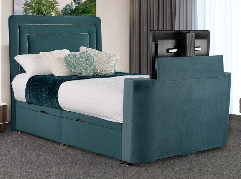 TV Bed Teal Velvet Mechanism Side Storage Drawers