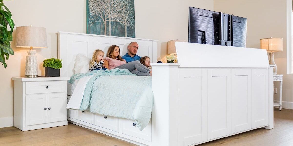 TV Lift Bed Underbed Storage Drawers White Finish