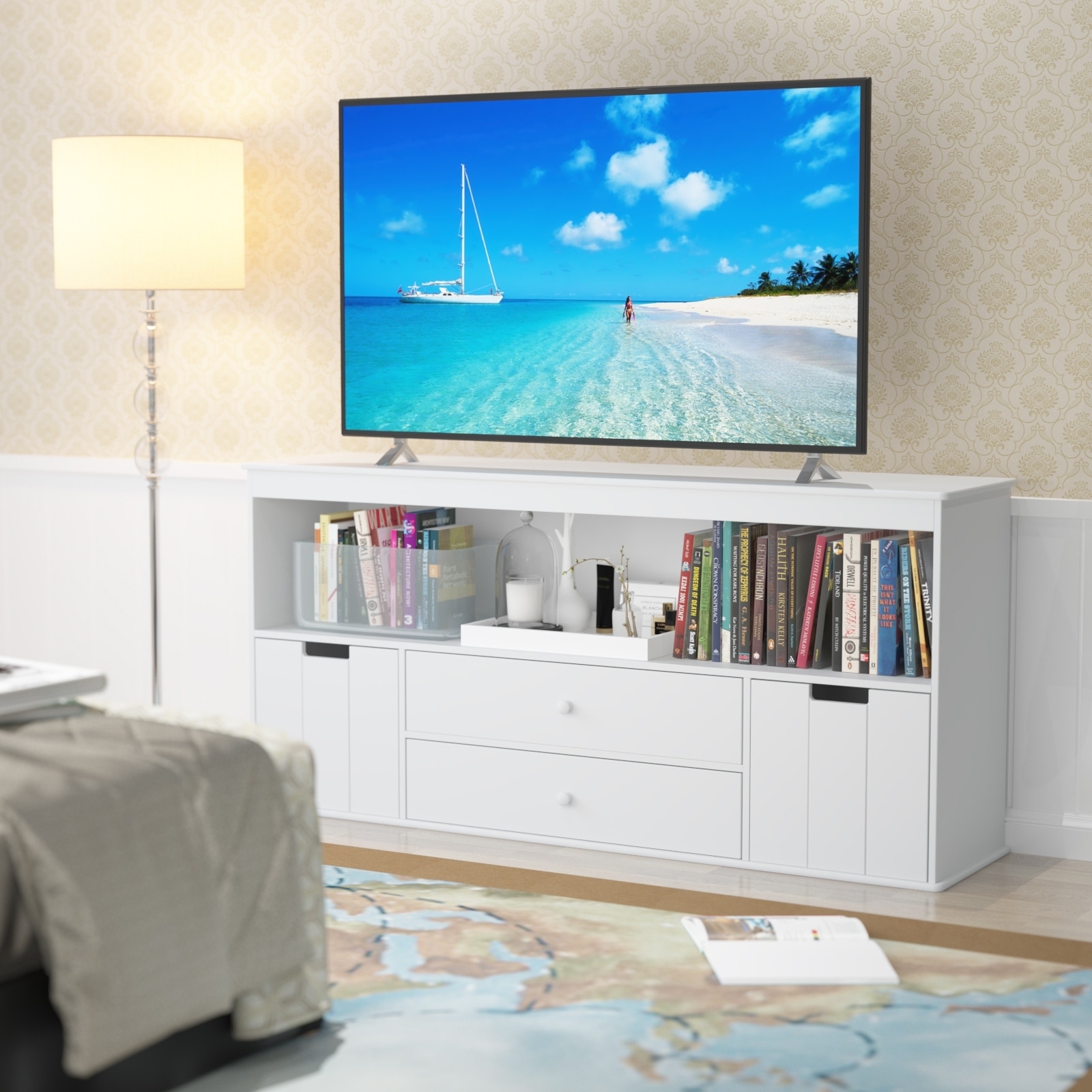 Tv Stand featuring Open Shelf Storage and Modern Media Console Storage