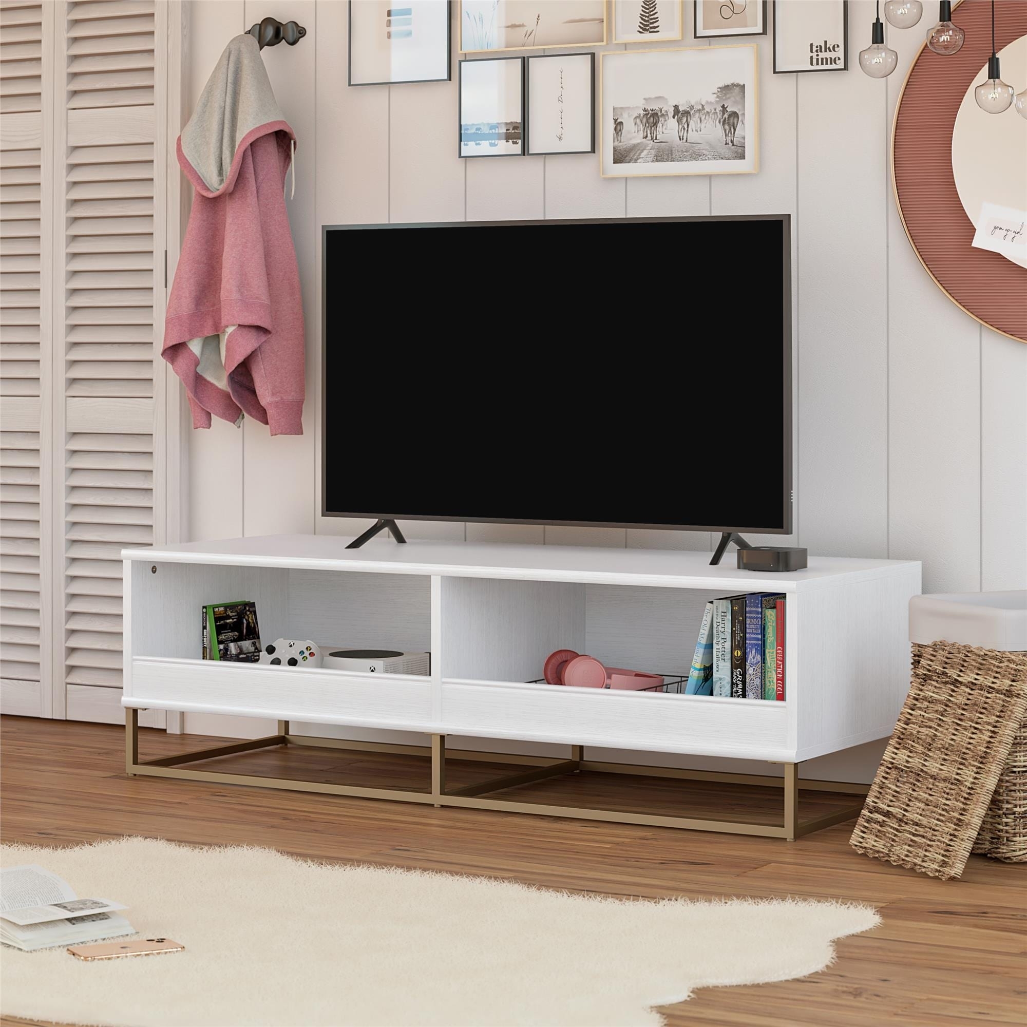 Tv Stand has Golden Bronze Base and White TV Stand Golden Base