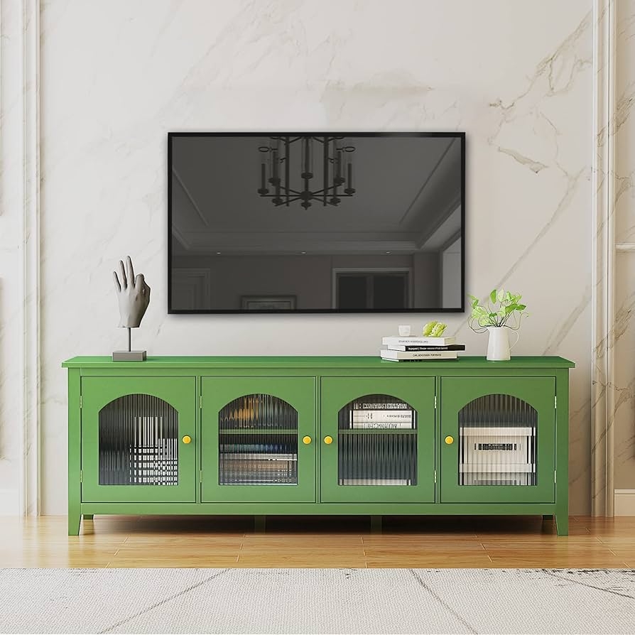 Tv Stand with Antique Green Finish and Arched Fluted Glass