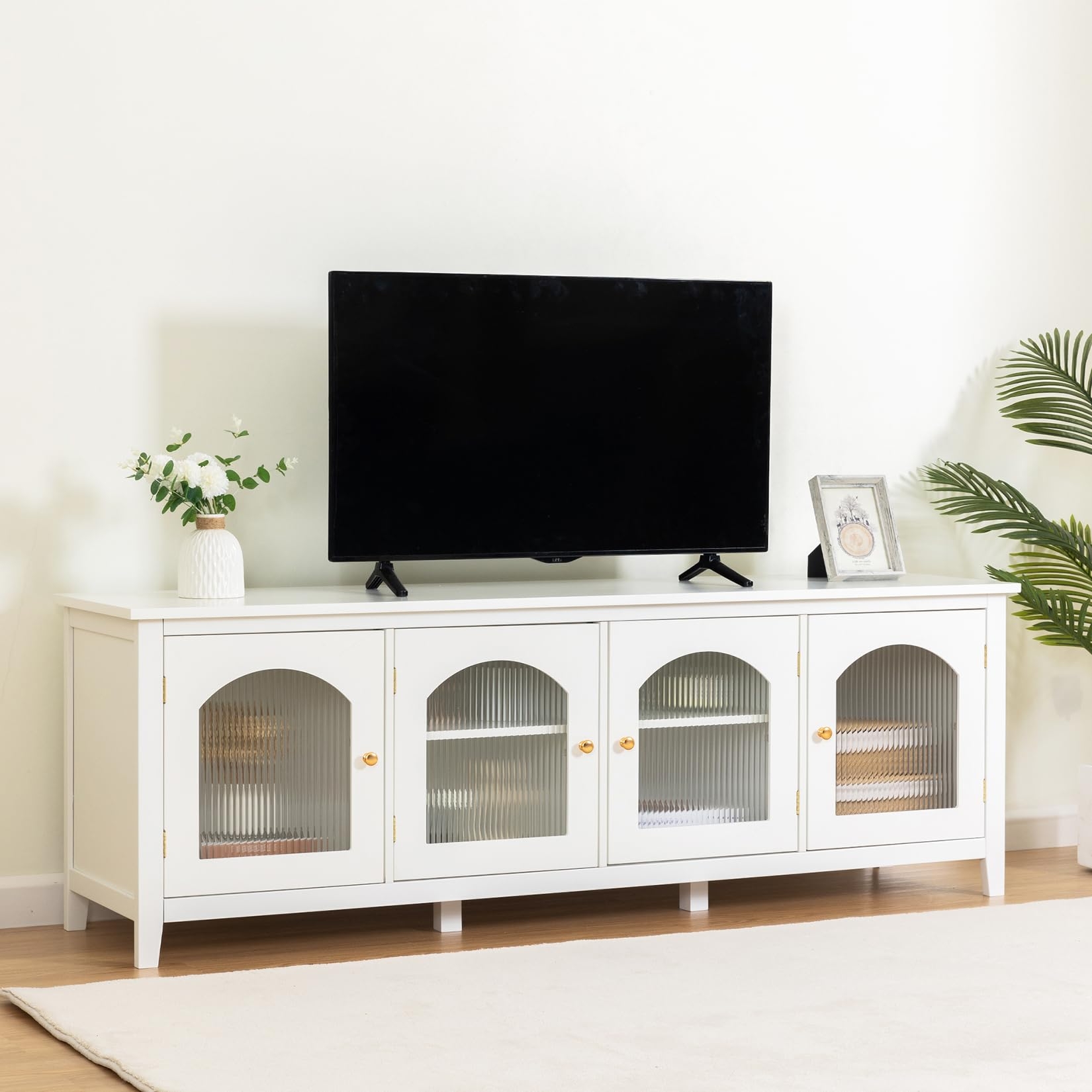 Tv Stand with Arched Glass Doors and Reeded Glass TV Stand
