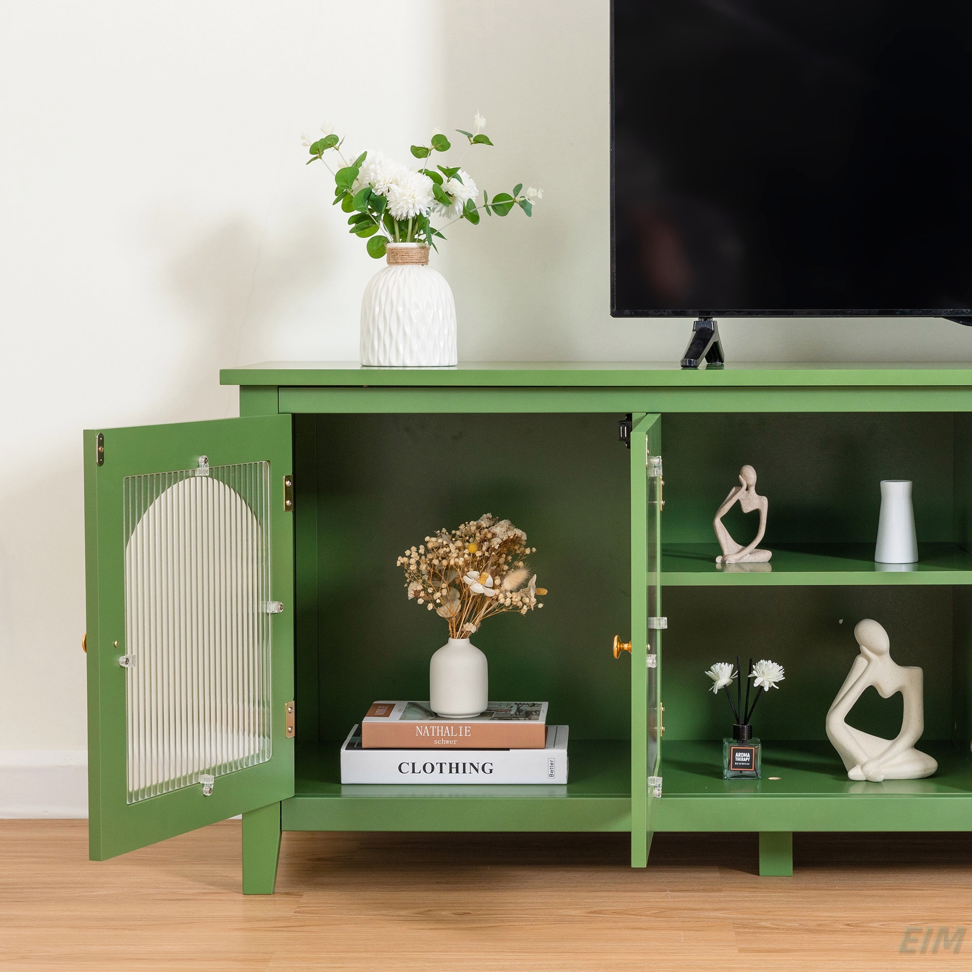 Tv Stand with Sage Green Finish and Arched Fluted Glass Console