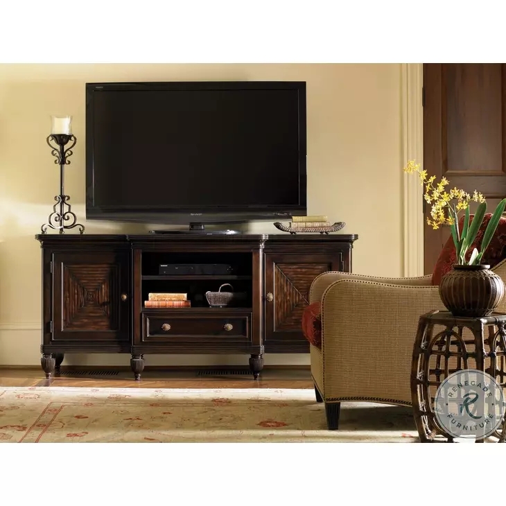 Tv Stand with Sunburst Door Panels and Traditional Dark Wood Console