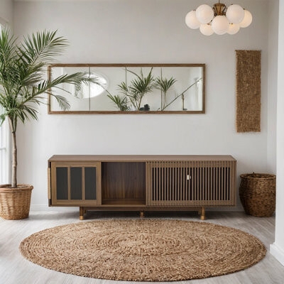 TV Stand With Vertical Slats and Sliding Glass Door