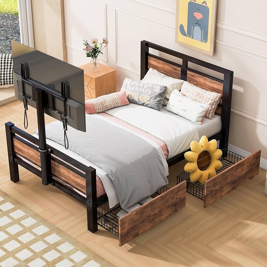 Twin Bed Frame Rotating TV Mount Underbed Wire Storage