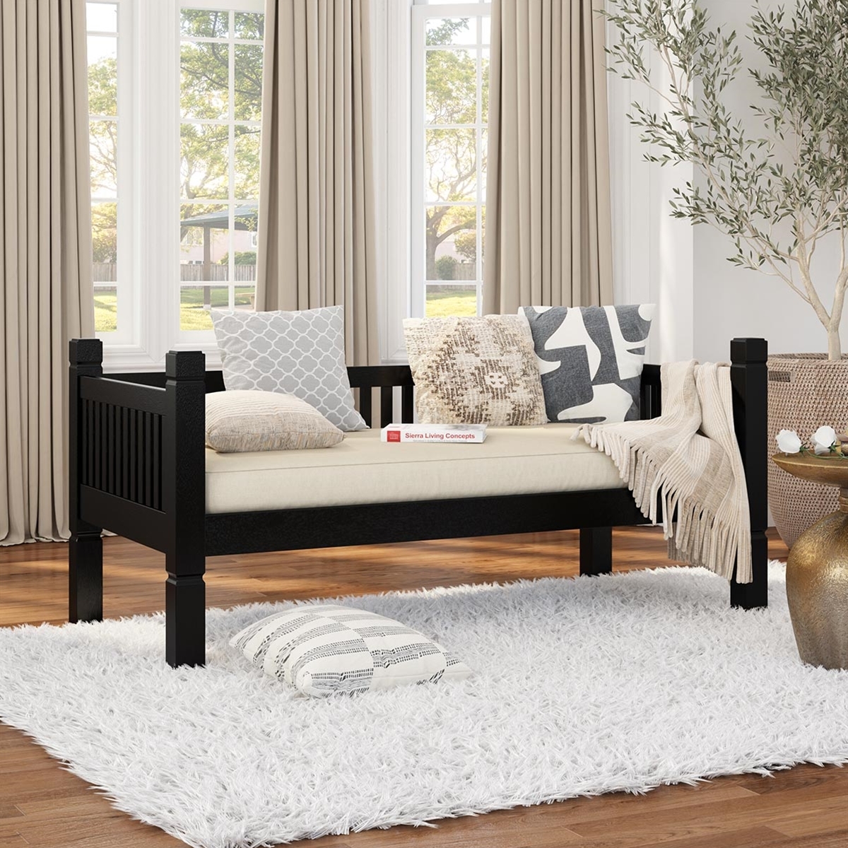 Twin Daybed: Slatted Back and Matte Black Farmhouse
