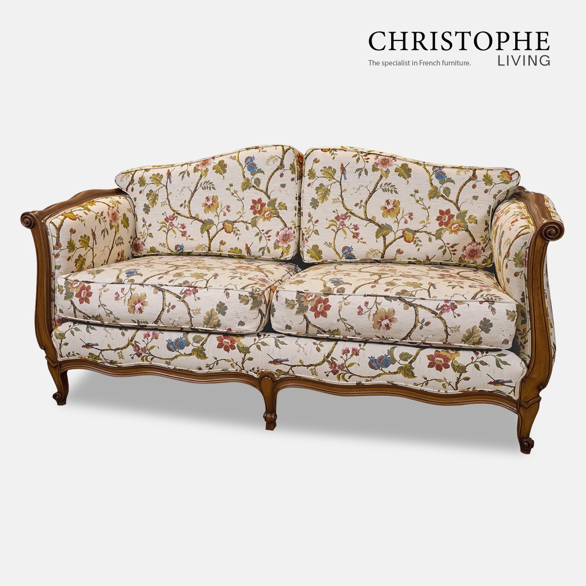 Two Seater Sofa Bird Floral Pattern Scalloped Wood Apron