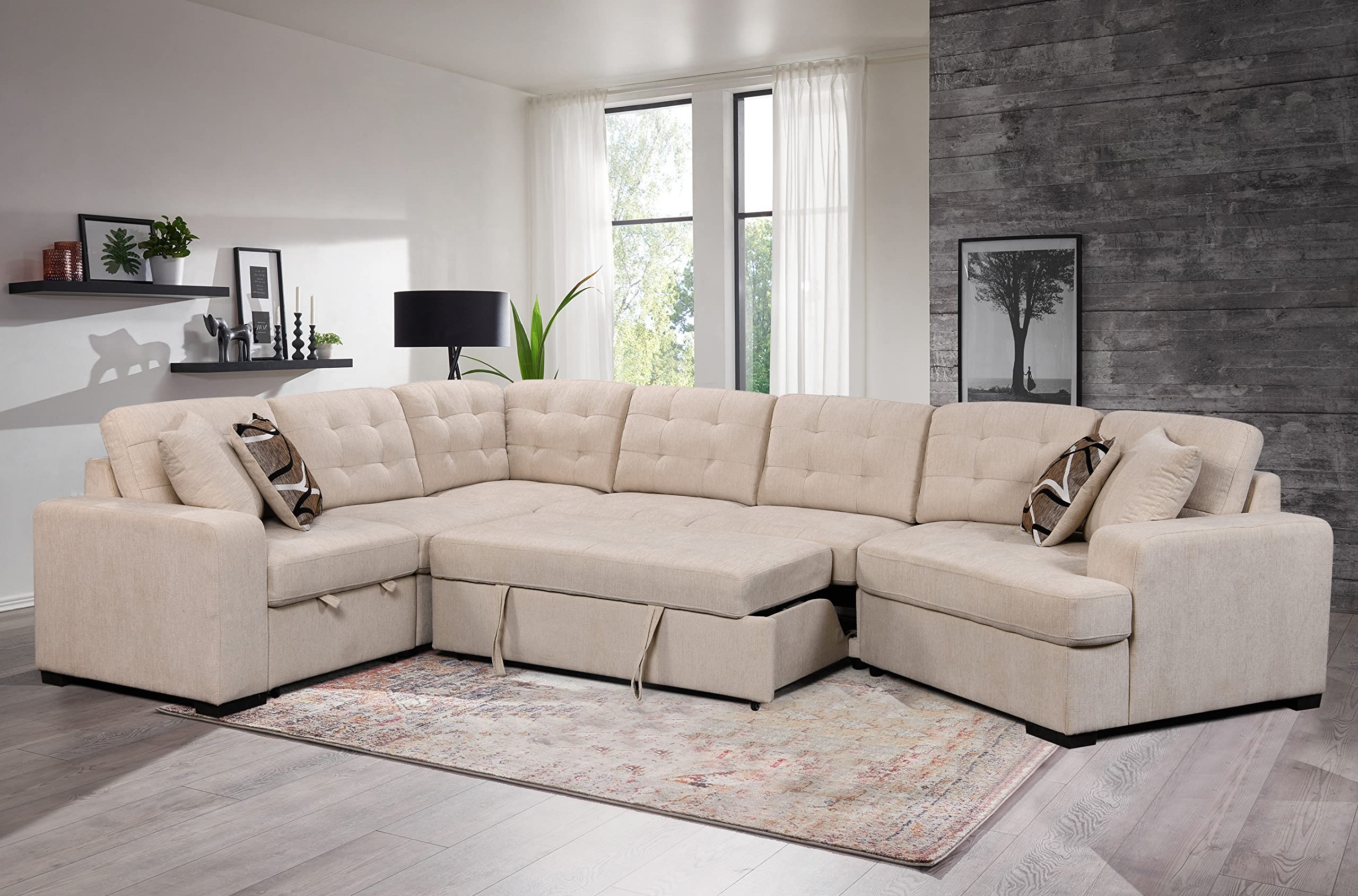 U Shape Sectional: Pull Out Sleeper Beige Tufted Sofa Bed