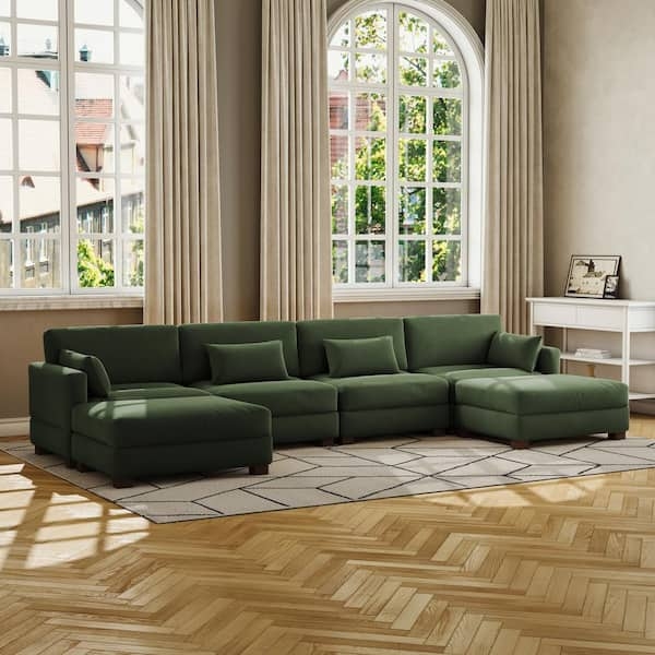 U-Shaped Sectional Forest Green Corduroy Square Arms