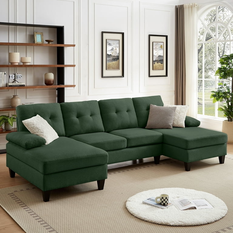 U-Shaped Sectional Modern Forest Green Linen Sofa