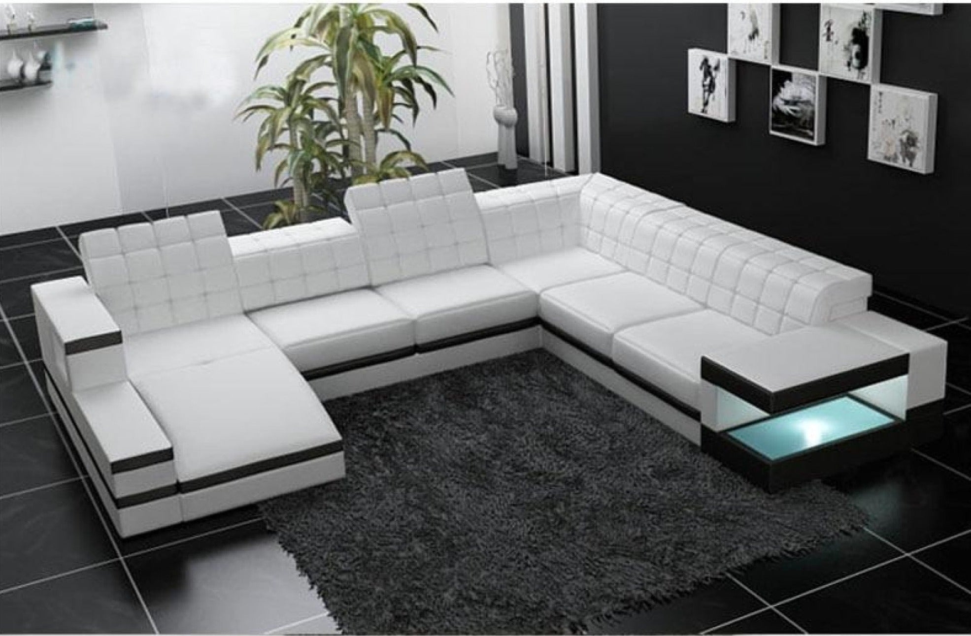 U-Shaped Sectional Sofa featuring Grid Tufting and LED Lights