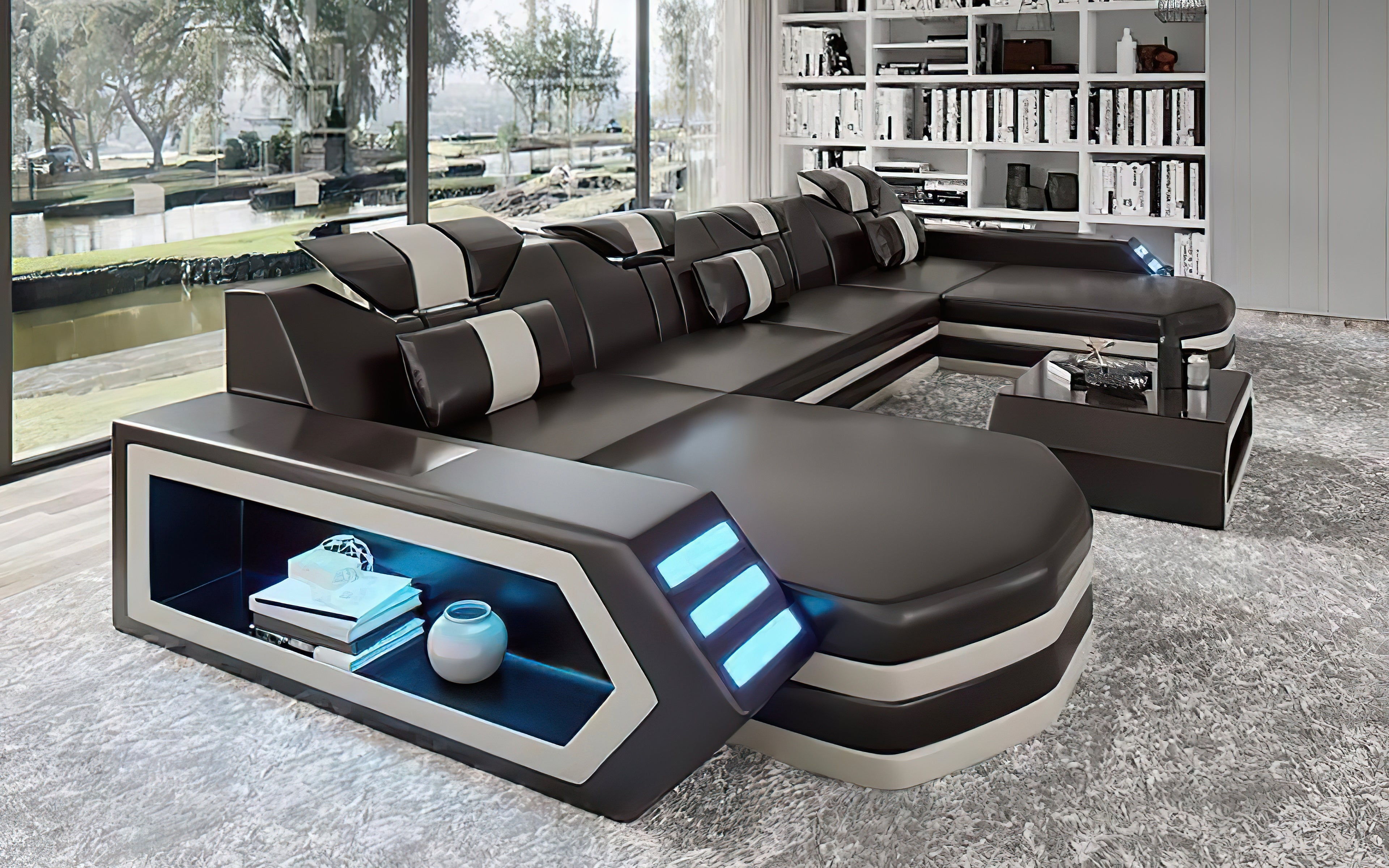 U-Shaped Sectional Sofa with Side Storage and Integrated LEDs