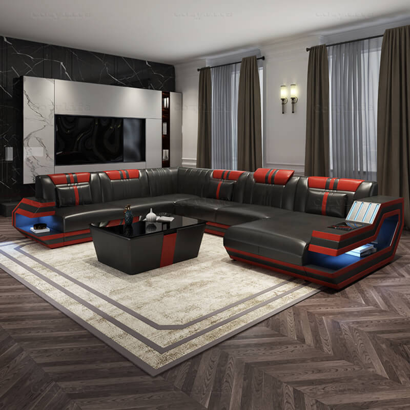 U-Shaped Sectional with Red Racing Stripes and Neon LEDs