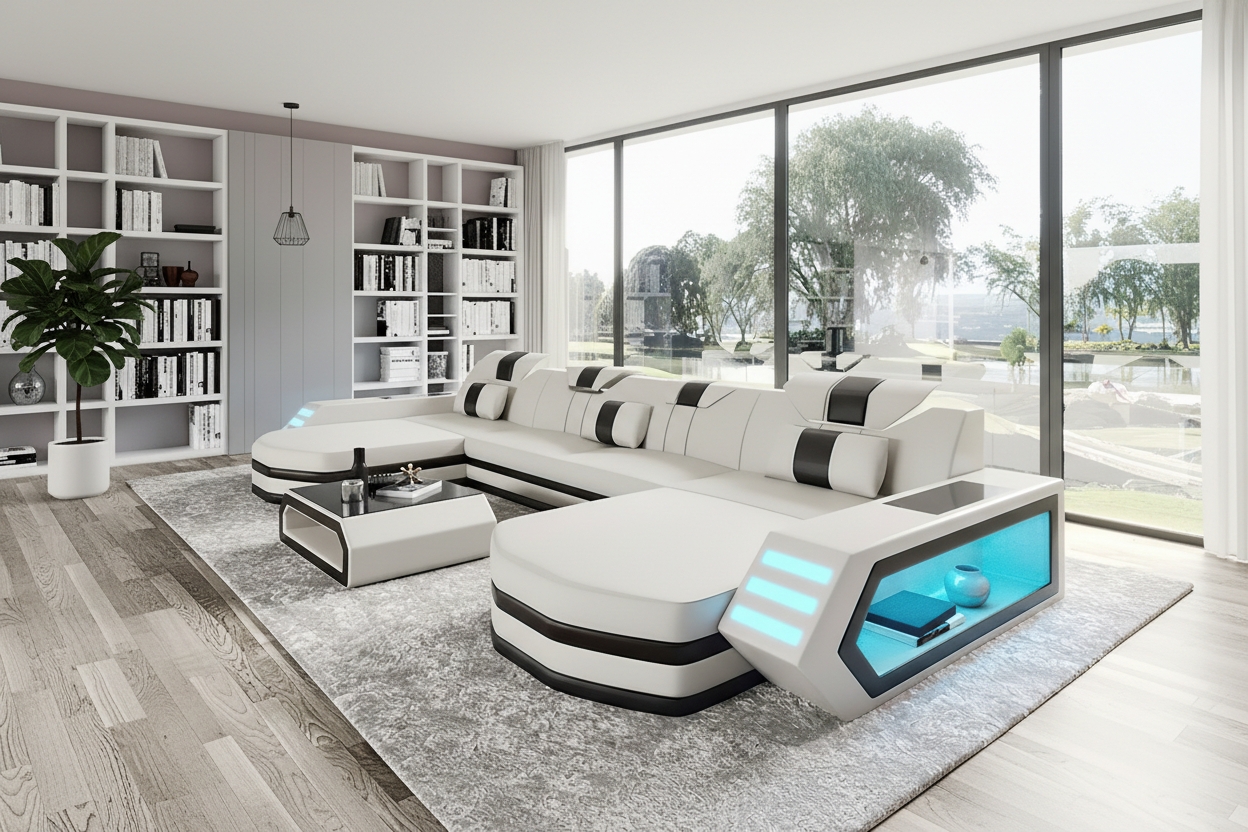 U-Shaped Sectional with Side Storage Shelving and Cyan LEDs