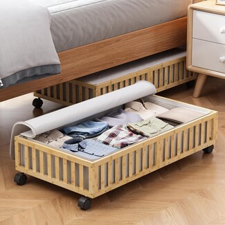 Under Bed Storage Slatted Bamboo Bin with Swivel Casters