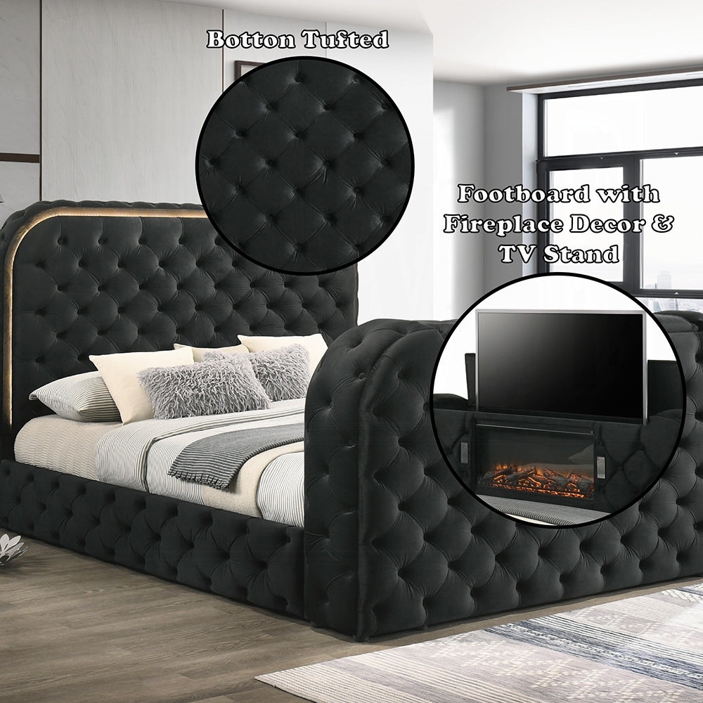 Upholstered Bed Fireplace Footboard LED Headboard Glow