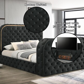 Upholstered Bed Fireplace Footboard LED Headboard Glow