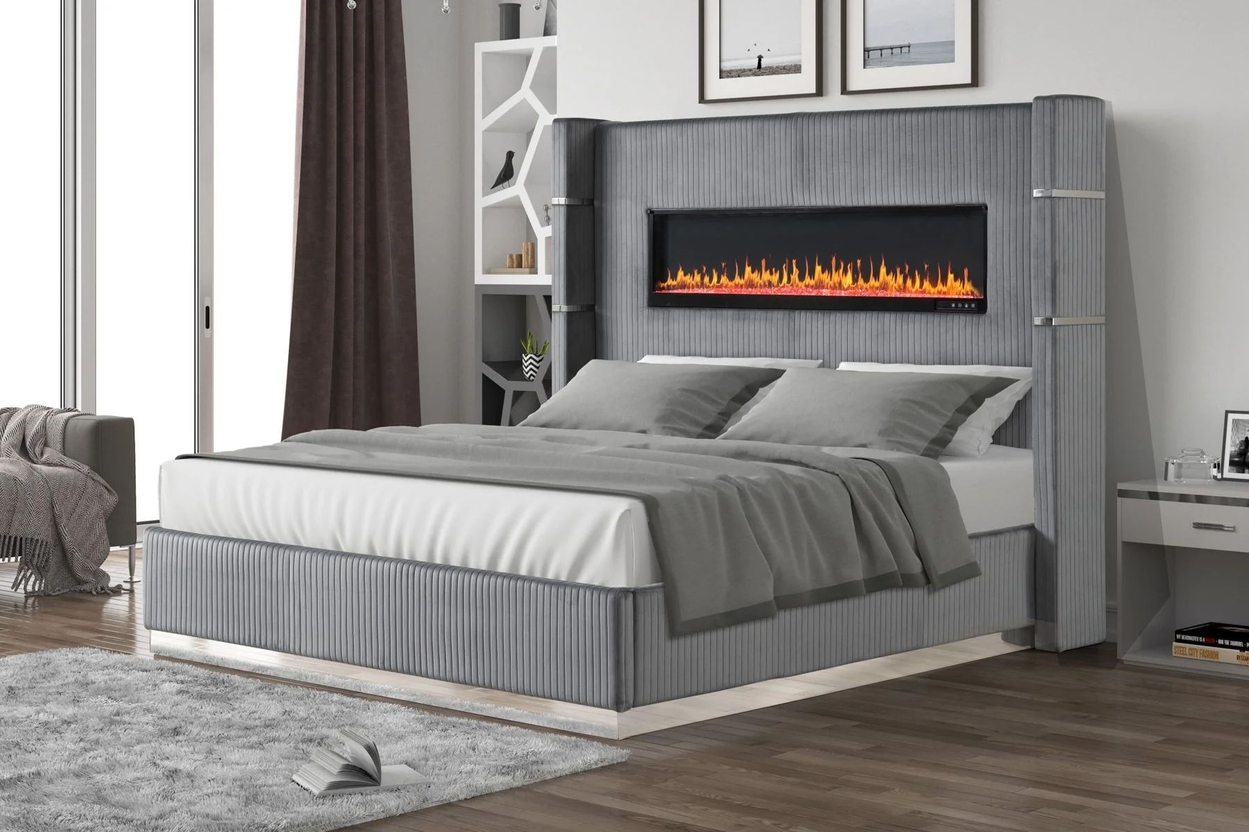 Upholstered Bed: Fireplace Headboard and Gray Vertical Ribbing
