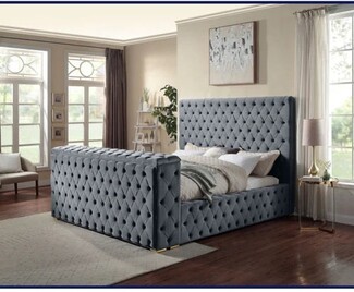 Upholstered Bed Gray Velvet Thick Footboard King Frame