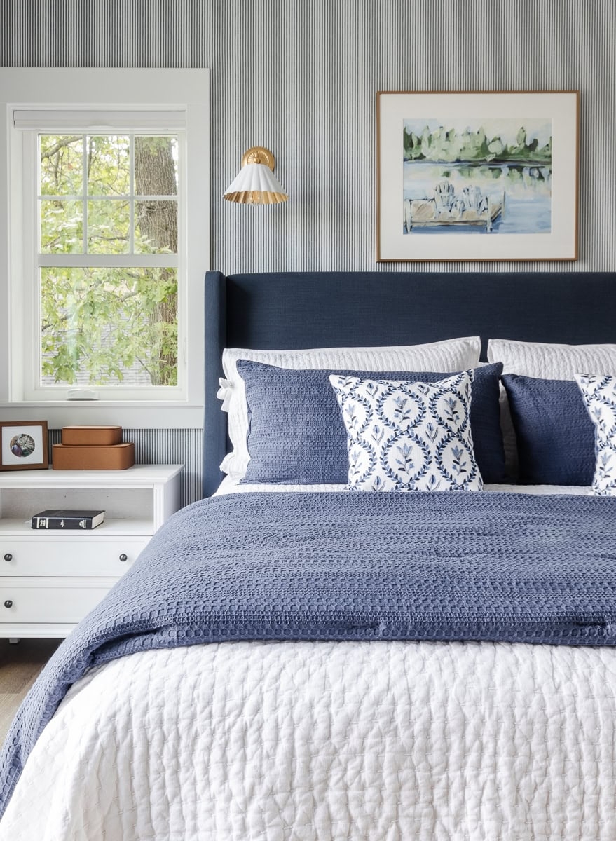 Upholstered Bed Wingback Headboard Navy Lake House Bedroom