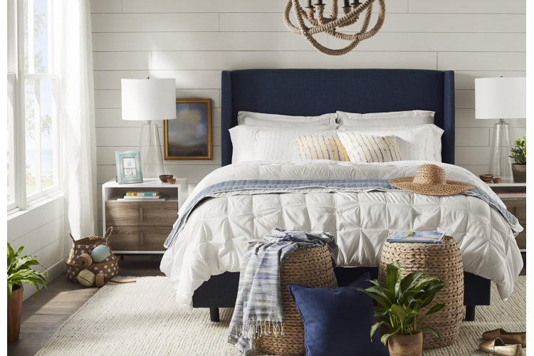 Upholstered Bed with Navy Wingback Headboard and Rope Decor