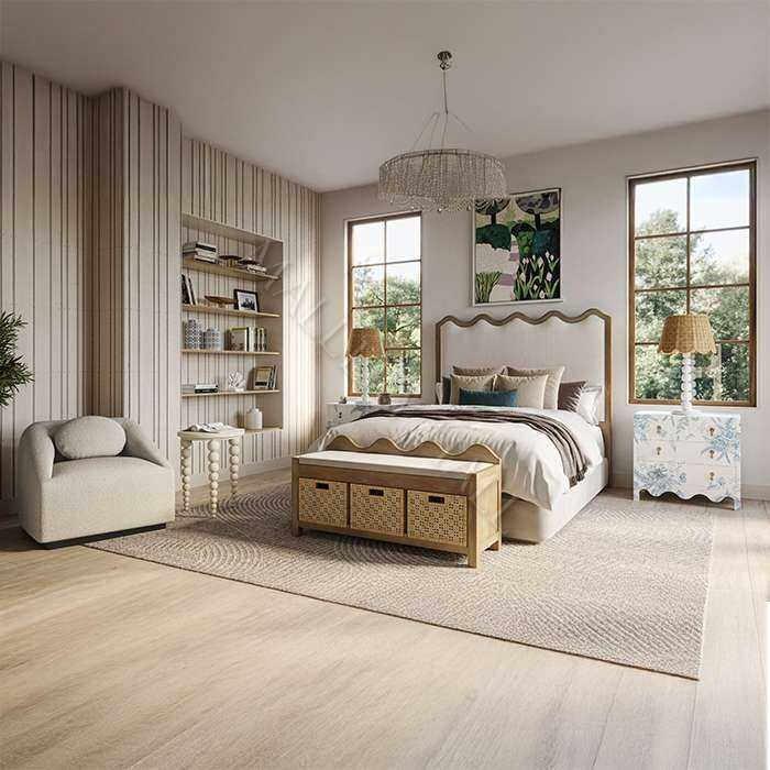 Upholstered Bed with Scalloped Wood Frame and Integrated Storage