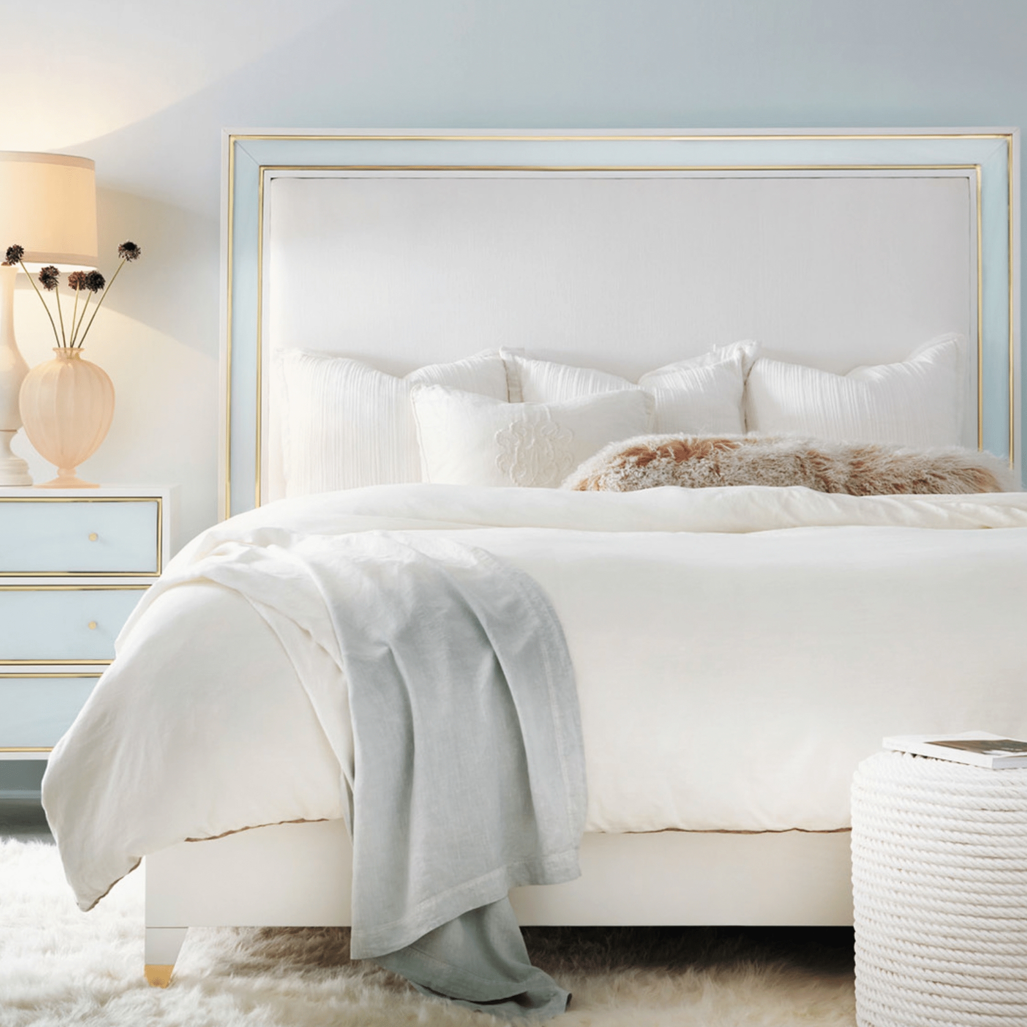 Upholstered Bed with Seafoam Blue Frame and Gold Trim Accents